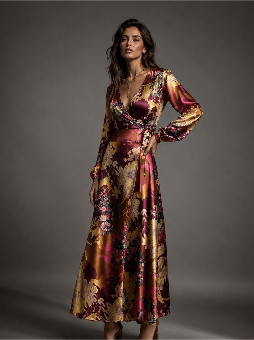 Wrap Maxi Dress in Burgundy, Brown & Pink